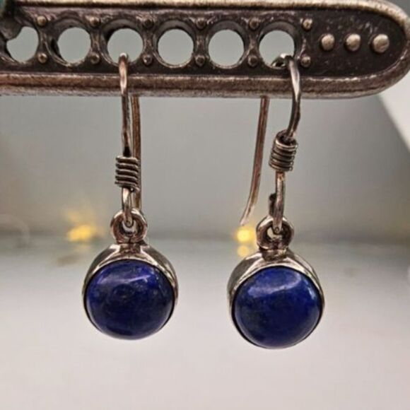 925 Sterling Silver & Blue Lapis Lazuli Drop Hook Earrings - Picture 1 of 4